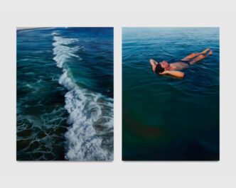 Christopher Hartmann, Ocean Blues, 2023 Oil on linen Two parts; 86 5/8 x 63 1/8 x 1 1/2 inches each Photo: Evan Walsh, © Christopher Hartmann, Courtesy the artist and Blum Gallery