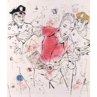 Sigmar Polke, Untitled (Sicherheitsverwahrung) [Preventive Detention], 1979, Dispersion, spray paint, safety pins, razor blades, brooch, sweets on decorative fabric, 130 x 110 cm; Collection Musée d‘Art Toulon, France, ©The Estate of Sigmar Polke/ VG Bild-Kunst, Bonn 2024