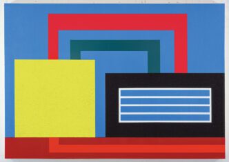 Peter Halley, Edutainment, 2005, Acrylic, fluorescent acrylic, and, Roll‐a‐Tex on canvas. 165 × 234 cm, Private collection, Courtesy Museo Nacional Thyssen-Bornemisza