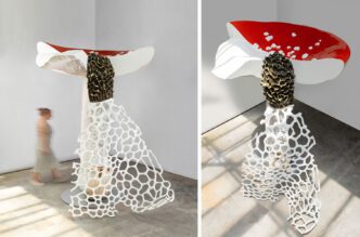 Carsten Höller, Giant Triple Mushroom, 2024, Fly agaric / Long Net Stinkhorn / Dove-coloured Tricholoma, Aluminum, stainless steel, and paint, 118 1/8 x 116 1/8 x 94 1/2 inches (300 x 295 x 240 cm), © Carsten Höller, Photo: Minko Minev, Courtesy the artist and Gagosian