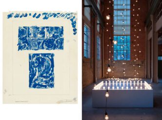 Left: Sturtevant, Johns Numbers, 1991, Watercolour and graphite pencil on paper, 41 x 33.1 cm, © Sturtevant Estate, Courtesy Thaddeus Roppac Gallery Right: Sturtevant, Gonzalez-Torres, Untitled (America), 2004, Installation view, Sturtevant: I Am Never The Other, The Power Station, Dallas, 2018, © Sturtevant Estate, Courtesy Thaddeus Roppac Gallery