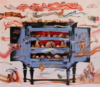 Kei Imazu, Curiosity cabinet from Ambon, 2022, oil on canvas, 194 x 194 cm, TAKEUCHI COLLECTION, courtesy of The Artist, ANOMALY, and ROH