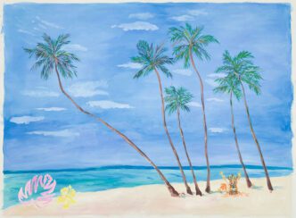 Karen Kilimnik, the beach, pub tiki island, 2024, acrylic on canvas 39 1/4 x 53 1/2 i in | 99.7 x 135.9 cm, © Karen Kilimnik, Courtesy the artist and Gladstone Gallery