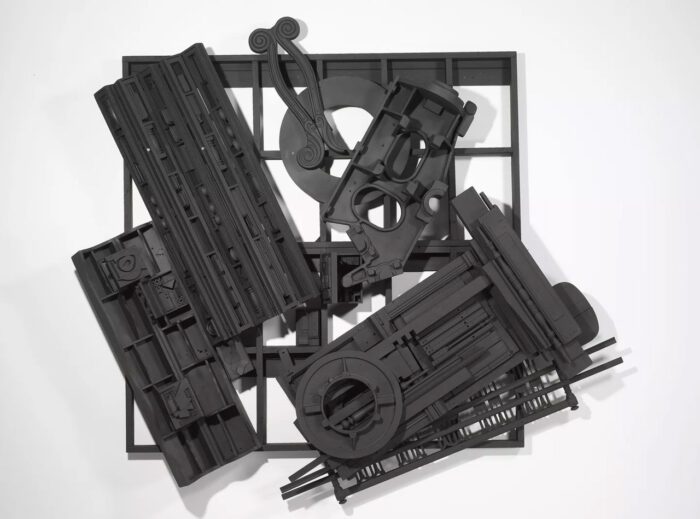 Louise Nevelson, Mirror-Shadow VII, 1985, wood painted black, 9' 9" x 11' 7" x 1' 9" (297.2 cm x 353.1 cm x 53.3 cm, Courtesy Louise Nevelson Foundation and Pace Gallery