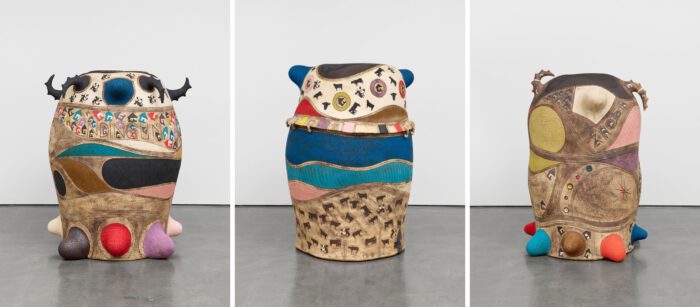 Left: Simphiwe Mbunyuza, MTHIMKHULU, 2024, ceramic, 63 x 53 x 51 inches (160 x 134.6 x 129.5 cm) Center: Simphiwe Mbunyuz, CILASHE, 2024, Ceramic, 62 x 44 x 45 1/2 inches (157.5 x 111.8 x 115.6 cm) Right: Simphiwe Mbunyuza, NDLEBENTLE’ZOMBINI, 2024, ceramic, 61 x 45 x 45 inches (154.9 x 114.3 x 114.3 cm)