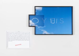 Sophie Calle, Yes (Infernal), 2025 [detail], text panel in artist’s frame, pigment print, sandblasted acrylic, 24-1/2 x 37-1/2 inches (frame) [62.2 x 95.3 cm], edition of 3 + 1 AP in English & edition of 3 + 1 AP in French, © Sophie Calle, Courtesy the artist and Fraenkel Gallery