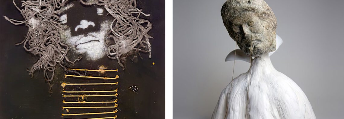 Photo left : David Hammons, Black Mohair Spirit, 1971, pigment, string, broom strands, beads, fathers, and butterfly wings on black paper, 59 × 41.2 × 4 cm (framed). Pinault Collection. © ADAGP, Paris, 2024. Photo right: Ali Cherri, L’Homme aux larmes, 2024, stone head sculpted in the 14th‑15th centuries, patinated silver, plaster, steel, 49 × 41 × 31 cm. Pinault Collection. Courtesy of the Imane Farès Gallery. Photo: Studio Ali Cherri